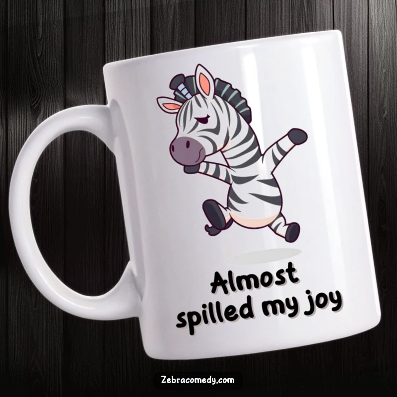 Funny zebra character caught mid-air in a comical surprise after tripping, depicted on a mug.