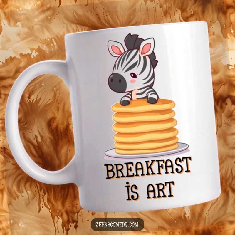 Funny tiny zebra mug showing a small zebra precariously balancing a tall stack of pancakes, perfect for breakfast humor.