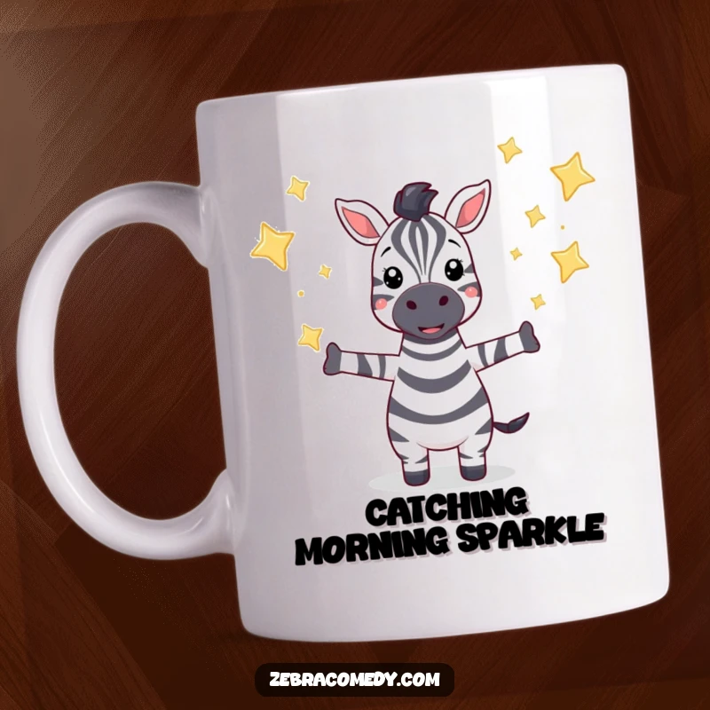 Funny mug with a hopeful zebra character catching falling, sparkling stars with outstretched arms, symbolizing dreams and aspirations.