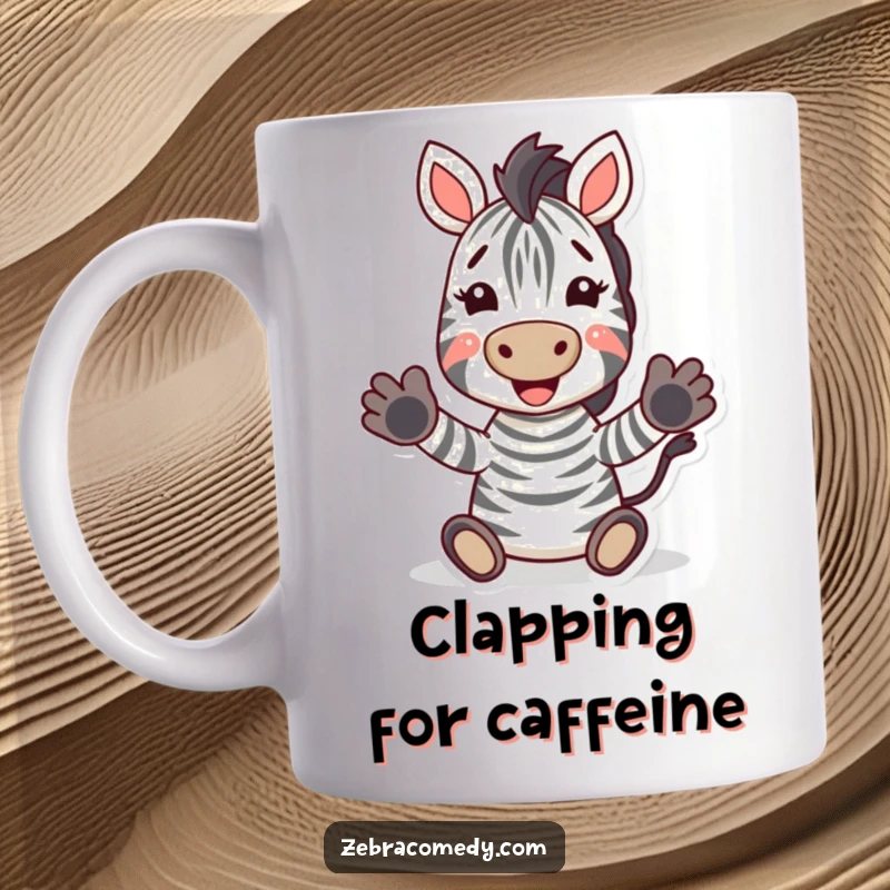Funny Zebra Mug: A cheerful zebra with hooves clapping enthusiastically and a wide, joyful smile, radiating happiness.