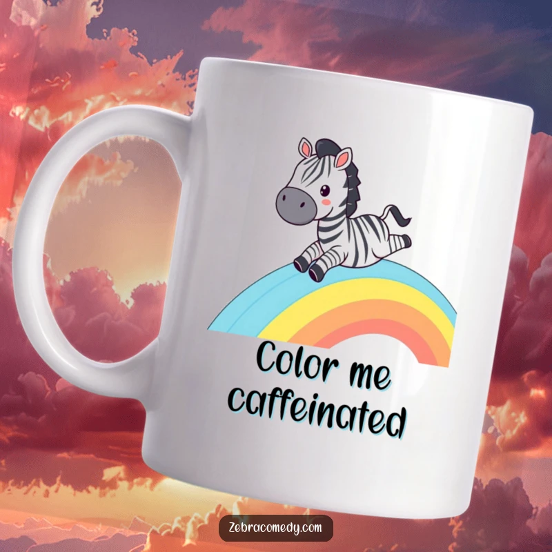 Funny Zebra Mug: A zebra playfully sliding down a rainbow with a wide grin, spreading joy and humor.
