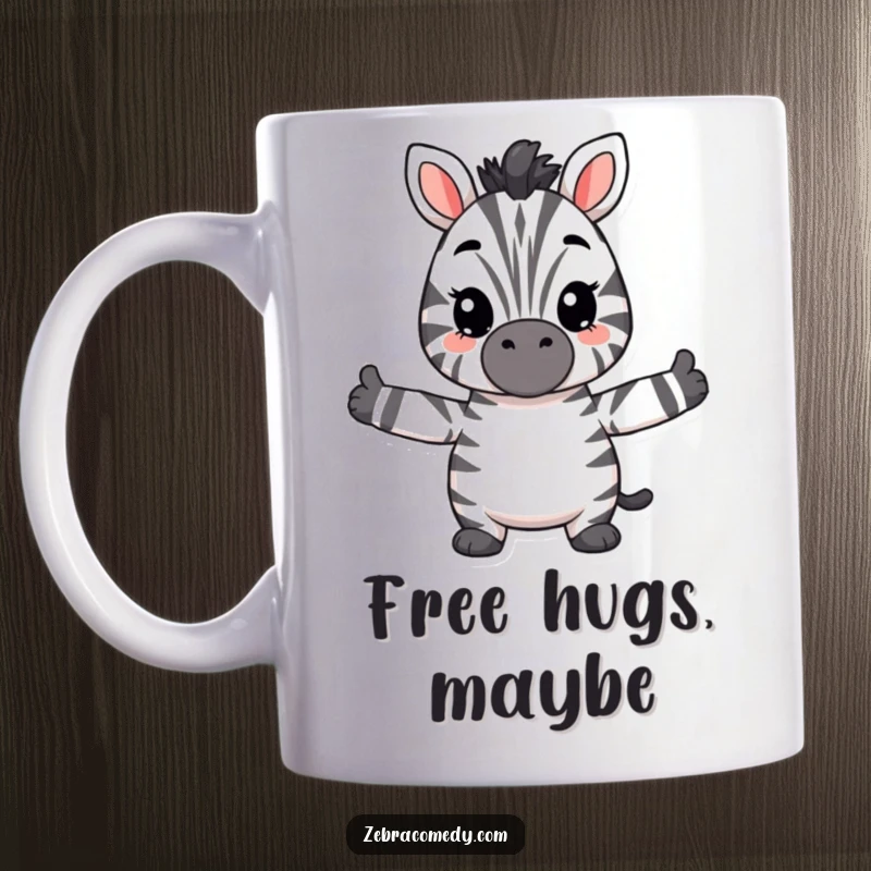 Funny fuzzy zebra mug with arms wide open, ready for a hug, radiating warmth and playful affection for a cheerful gift.