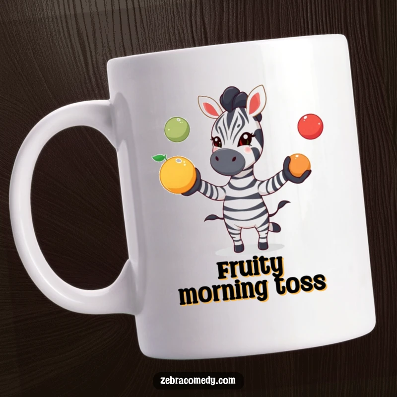 Funny juggling zebra mug featuring a zebra playfully tossing three colorful fruits with an excited expression, embodying vibrant, fun energy.