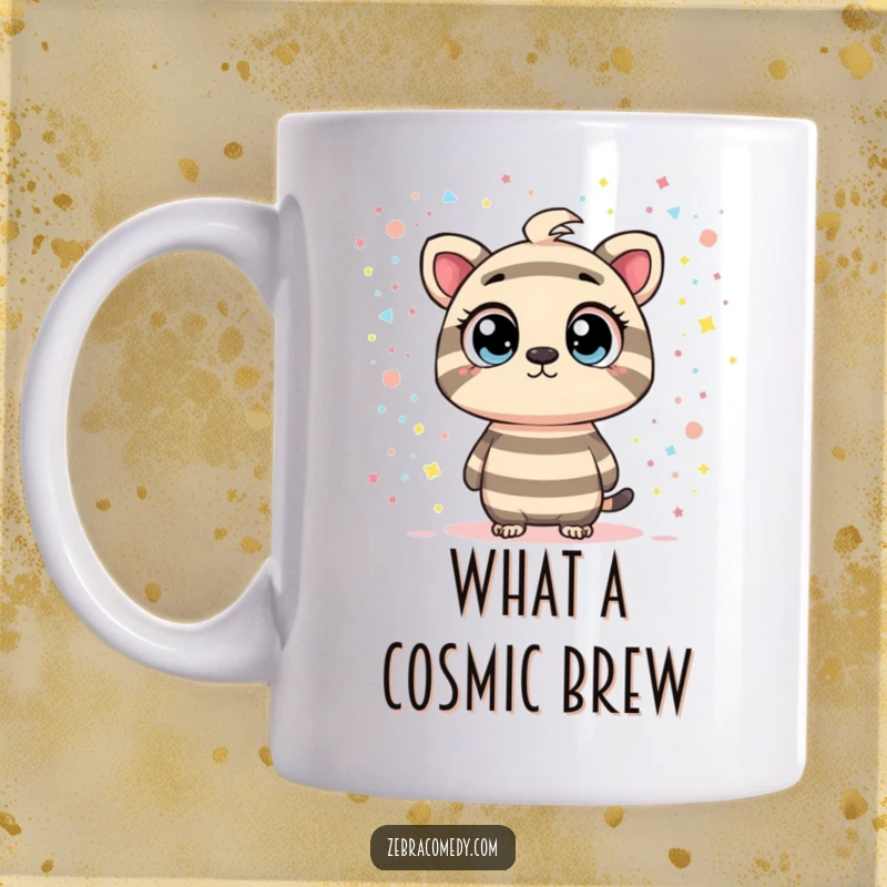 Funny mug showing a striped character with wide, curious eyes gazing at a swirling galaxy filled with vibrant confetti, embodying awe and wonder.