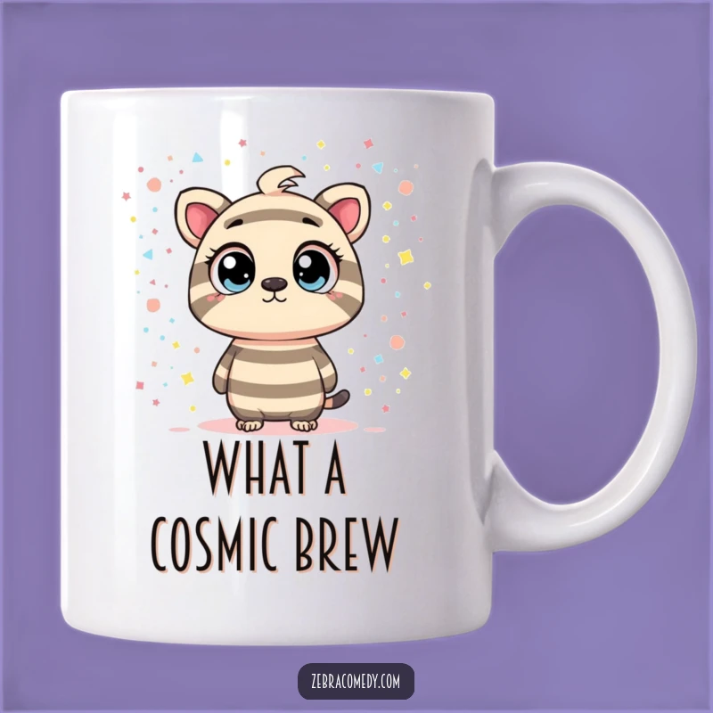 Funny Confetti Galaxy Mug: Curious Striped Character Lost in Wonder Gift