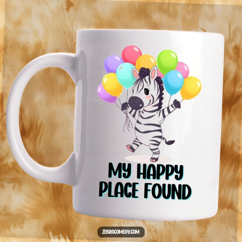Funny Mug featuring a happy zebra character joyfully dancing with a vibrant bouquet of colorful balloons, spreading cheer and laughter.