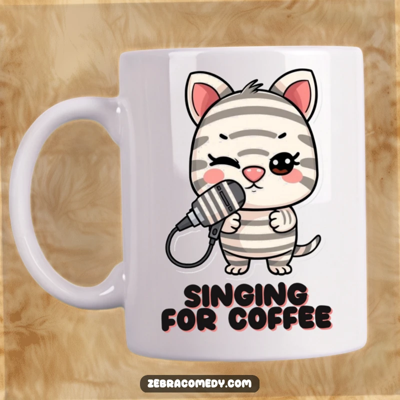 Funny Mic Drop Striped Character Mug: A striped character winks mischievously while expertly balancing a striped microphone on its nose.