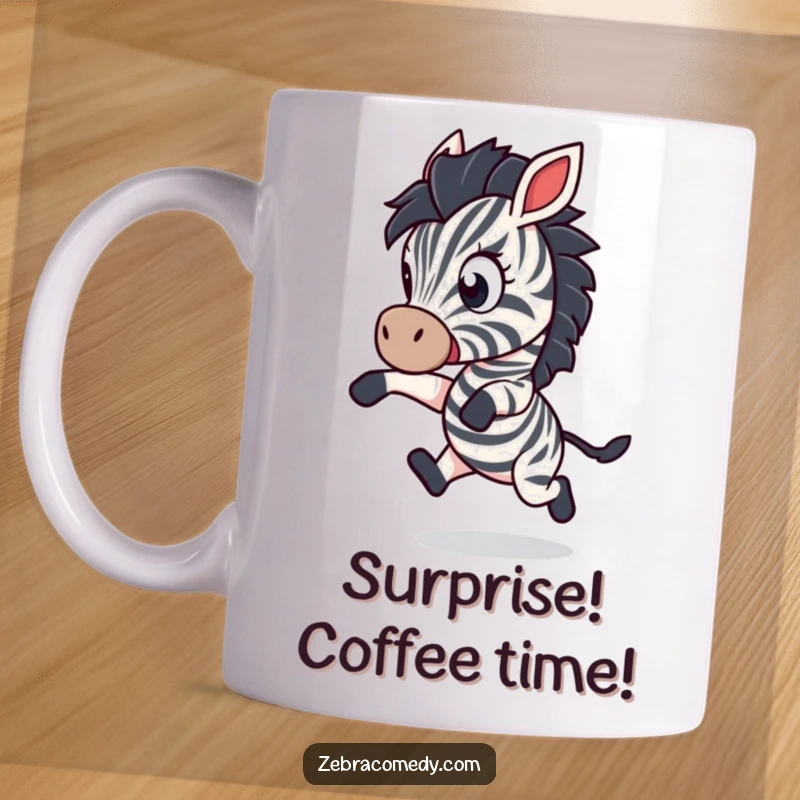 Funny Mug: A zebra character leaps backward in playful shock, eyes wide with comical surprise, great for a humorous reaction.
