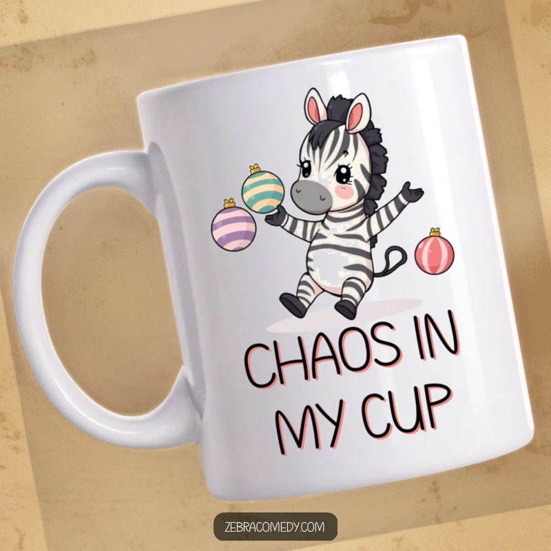 Funny Zebra Mug: A zebra comically tripping while juggling baubles, a humorous and clumsy animal design.