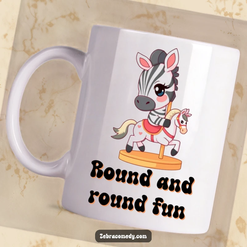 Funny Mug featuring a zebra character with a mischievous wink, happily riding a miniature carousel horse, evoking whimsical delight.
