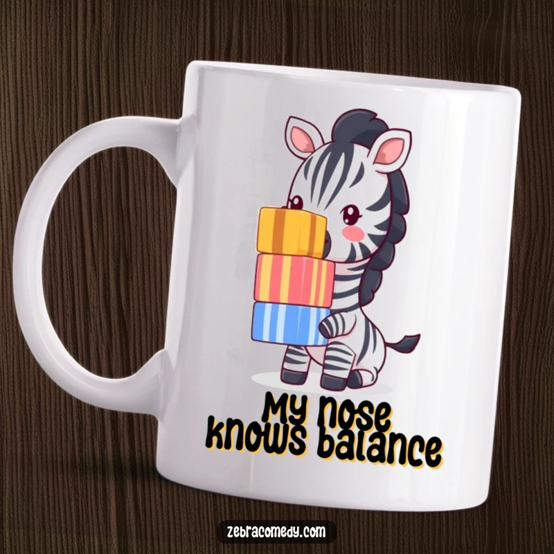 Funny Zebra Mug: A skilled zebra artistically balances a tall stack of colorful striped cubes on its nose, showcasing impressive focus and a comical pose.