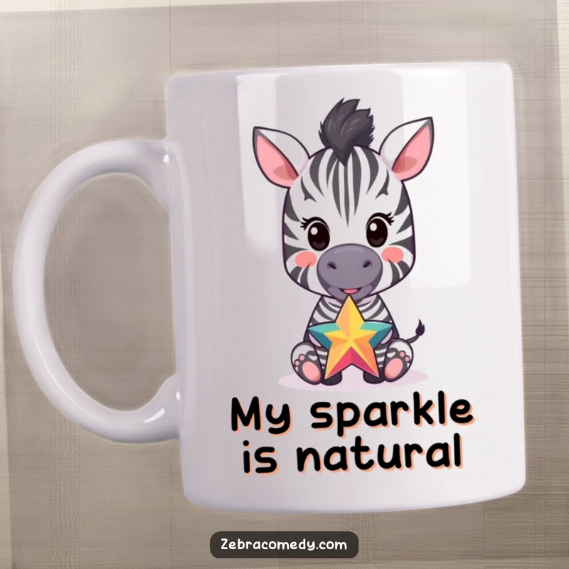 Funny mug with a happy zebra cub balancing a vibrant star on its nose, showcasing playful charm and joy.