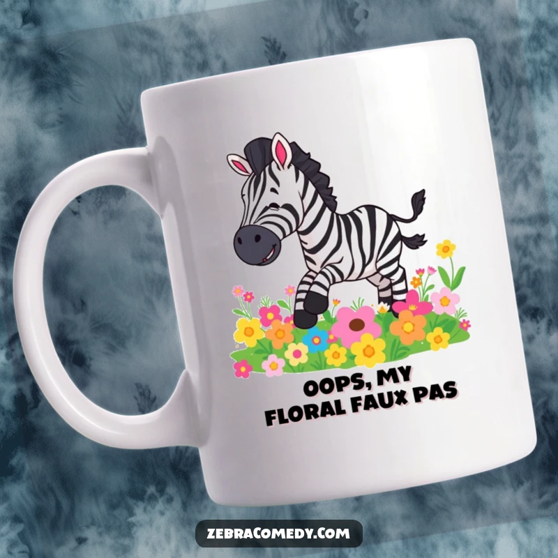 Funny mug featuring a cartoon zebra comically slipping on vibrant, colorful flowers, looking surprised and goofy.