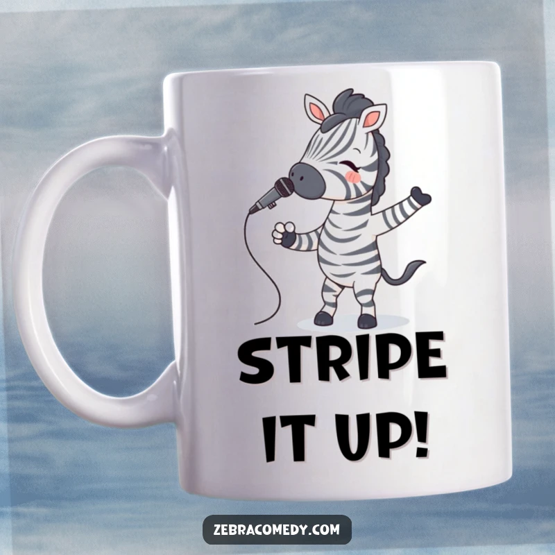 Funny Zebra Mug featuring a zebra in striped socks doing a happy jig while holding a microphone.