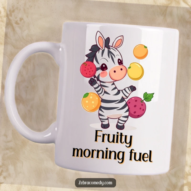 Funny zebra character playfully juggling colorful fruits with an excited expression, vibrant and cheerful mug design.