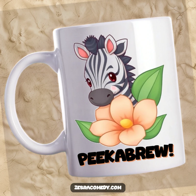Funny zebra character peeking with curiosity from behind a large, colorful striped flower on a mug.