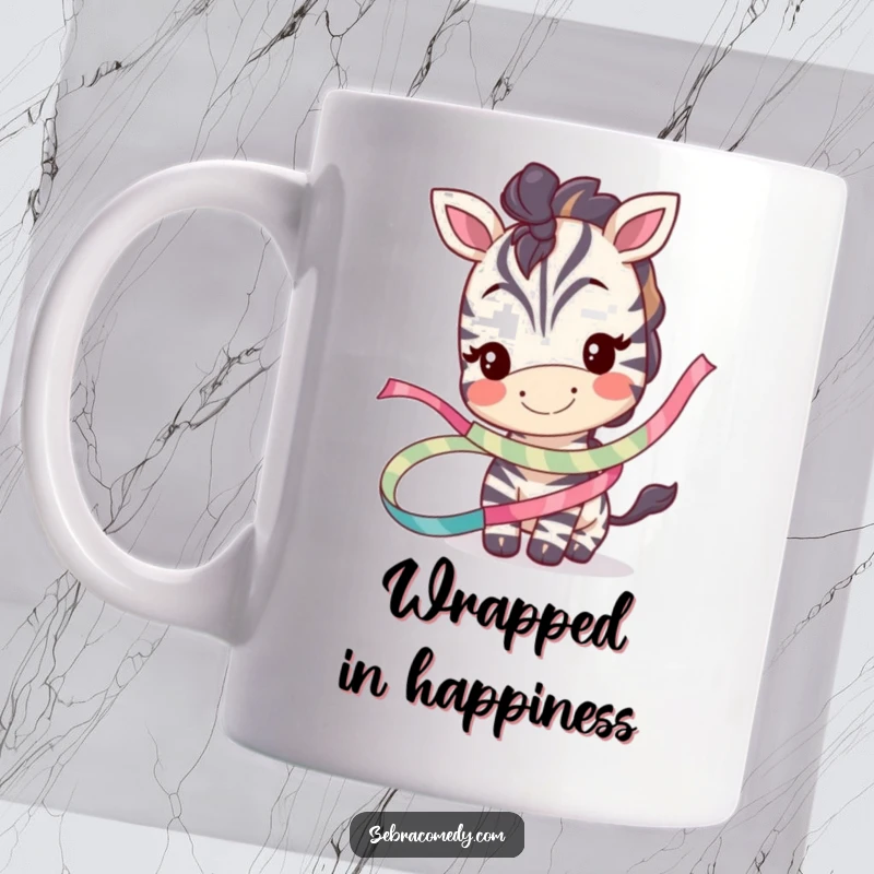 Funny mug with a smiling zebra character adorably tangled in a colorful, whimsical ribbon, radiating pure joy and mischief.
