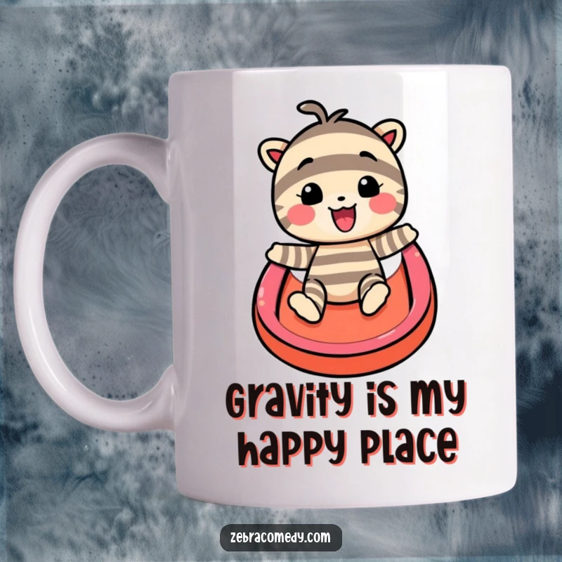 Funny mug showing a happy striped character gleefully sliding down a vibrant rainbow, embodying pure delight and playful adventure.