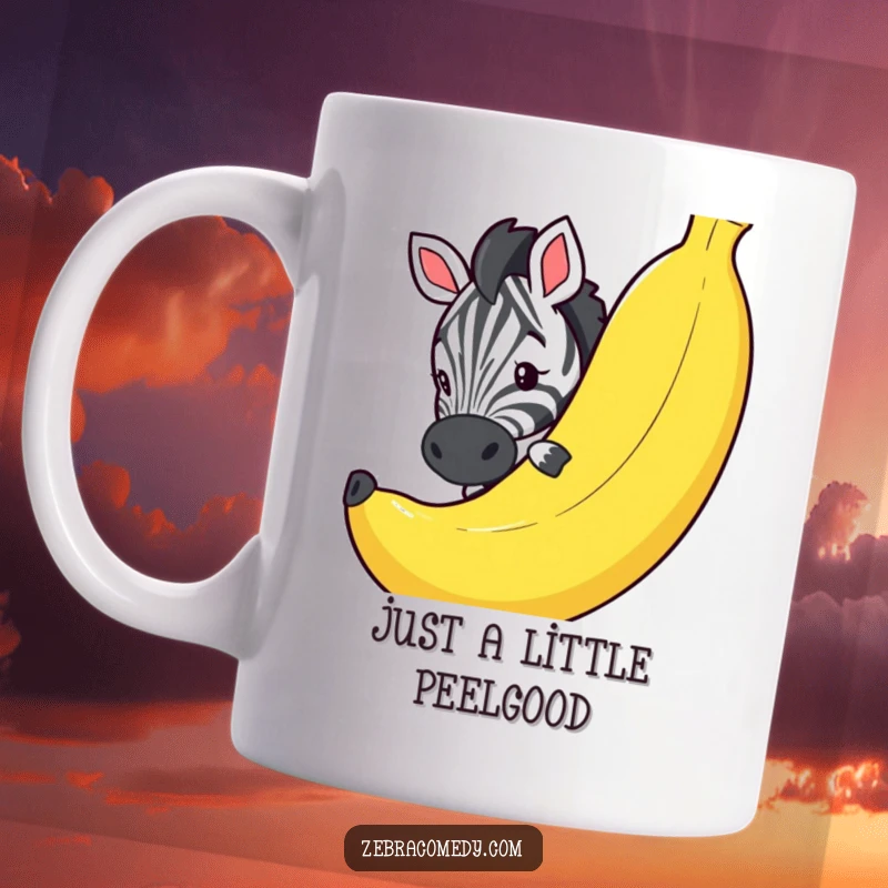 Funny mug featuring a curious zebra character peeking playfully around an oversized novelty banana, full of whimsical charm.