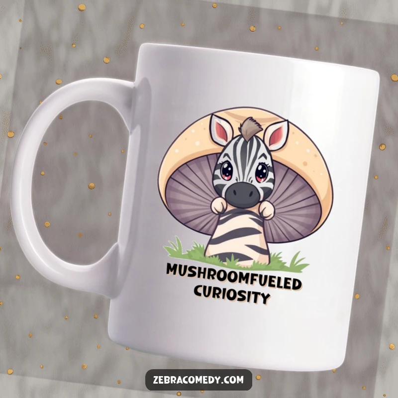 Funny zebra character peeking over a giant striped mushroom with wide, curious eyes, showcasing a sense of wonder.