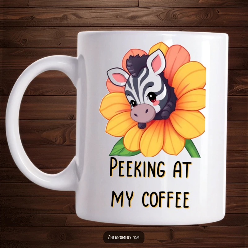 Funny mug featuring a curious zebra character peeking from behind a large, colorful flower, full of wonder and playful mystery.