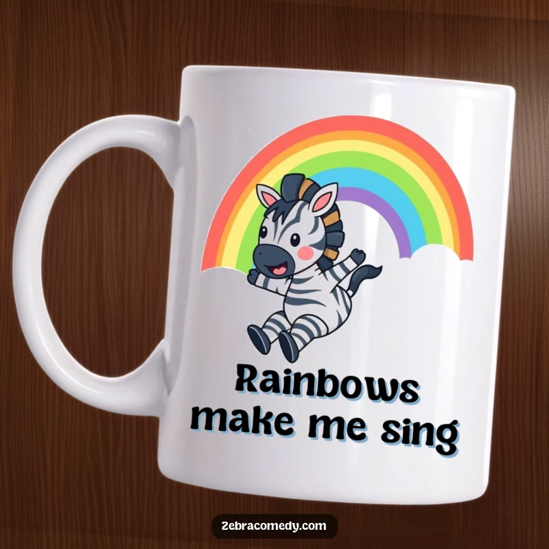 Funny Zebra Mug: A joyful zebra dramatically slides down a vibrant rainbow, shouting with glee, embodying pure exuberance and fun.