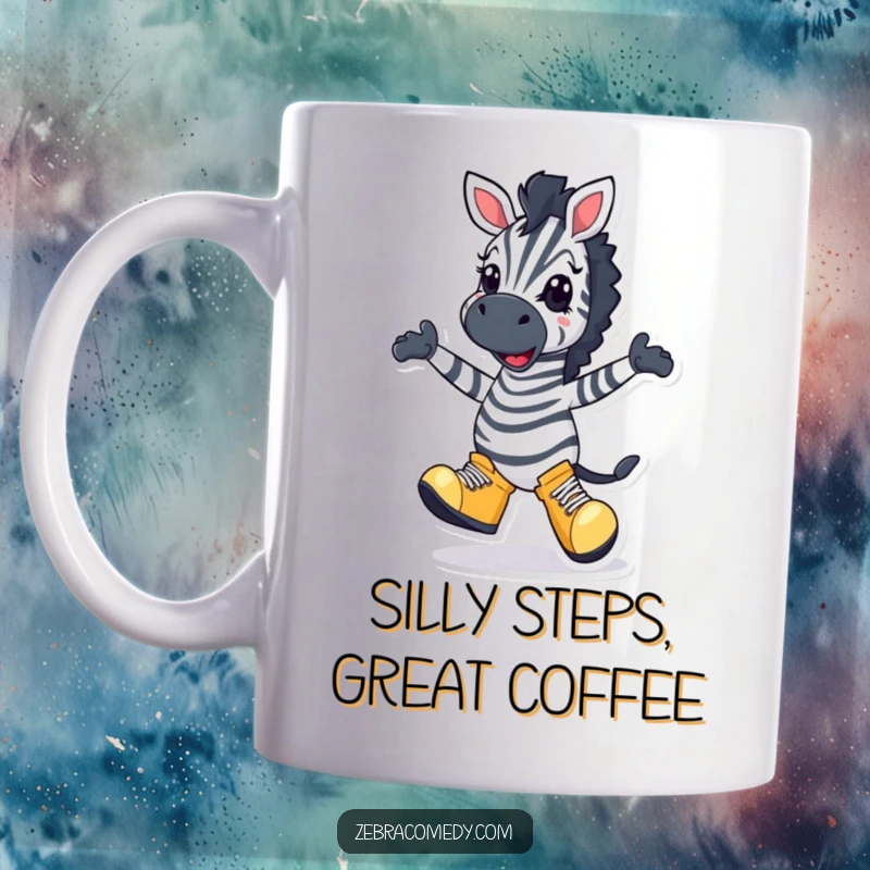 Funny Zebra Mug: A cheerful zebra character wearing oversized shoes, performing a comical silly dance with a wide, infectious grin.