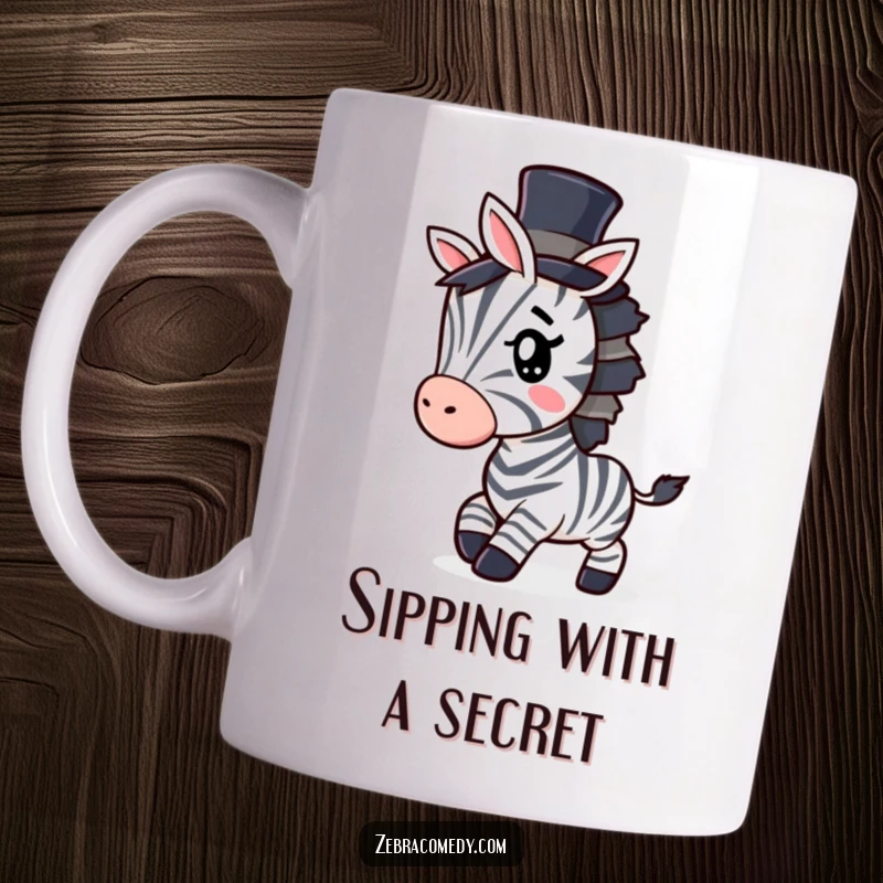 Funny Zebra Mug: A stylish zebra in a tiny top hat, tiptoeing with a sly, mischievous wink, exuding playful charm.