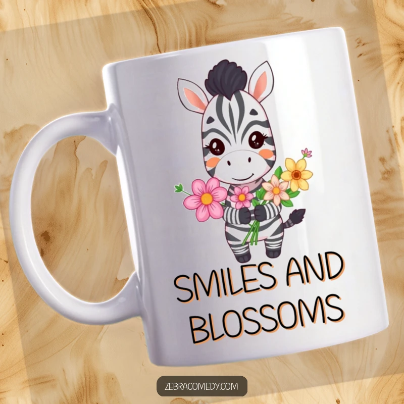 Funny zebra mug with a silly grin holding a colorful bouquet of flowers, radiating happiness and cheerful vibes.