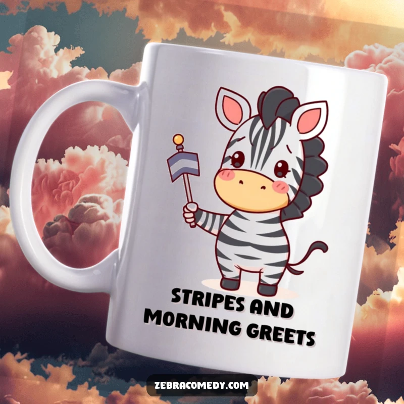 Funny Zebra Mug: A happy zebra enthusiastically waves a small, striped flag, radiating pure joy and celebration.