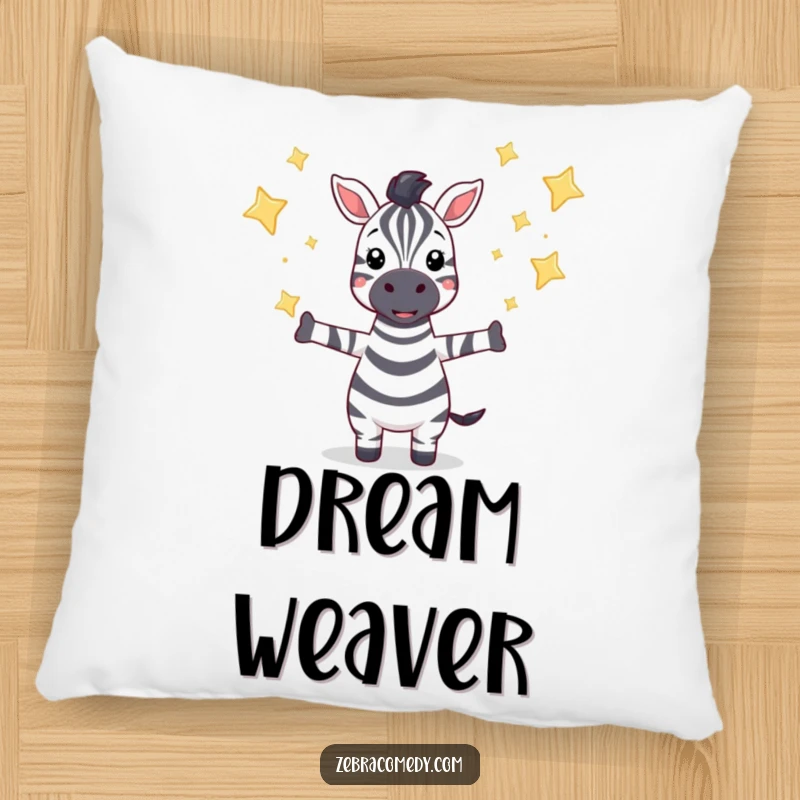Funny pillow featuring a zebra character catching falling sparkling stars, offering comfort and a whimsical, dreamy touch.