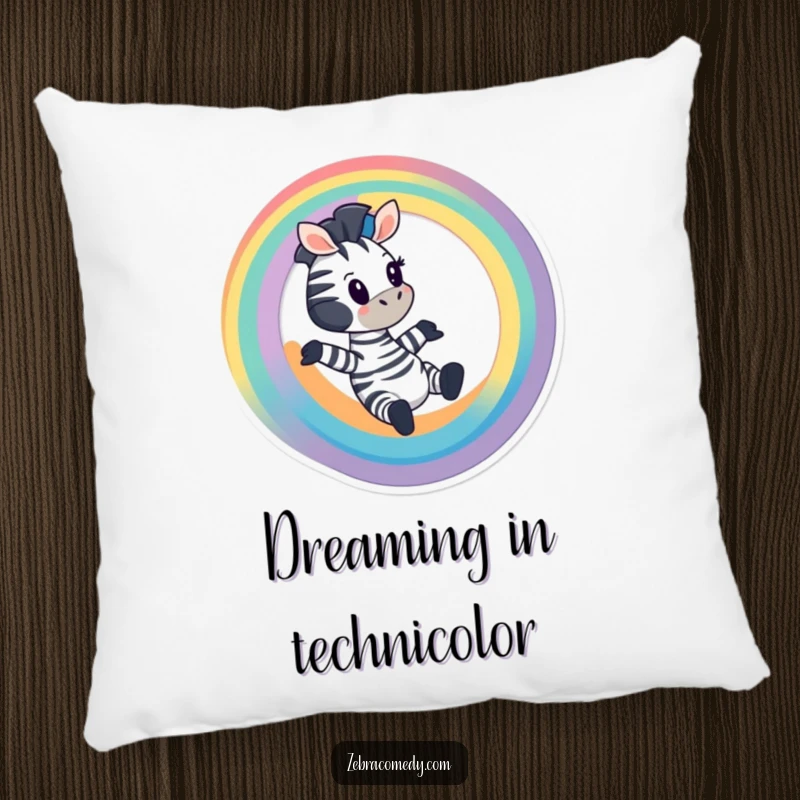Funny Zebra Pillow: A cartoon zebra sliding down a rainbow, offering comfort and whimsy, gift idea.