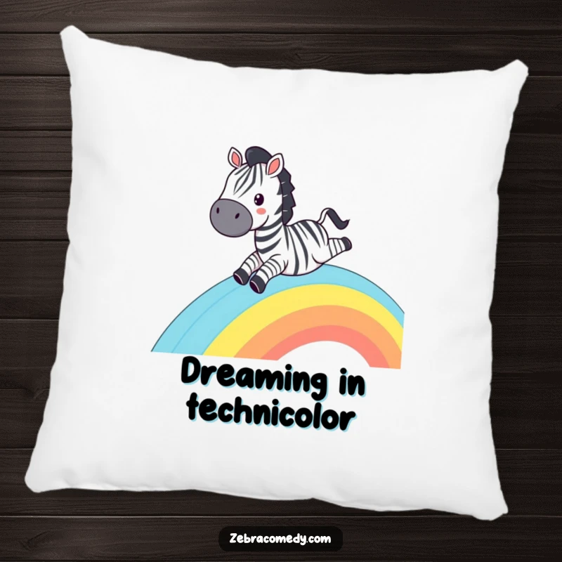 Funny Zebra Pillow: A grinning zebra sliding down a rainbow, a soft and humorous decorative cushion.