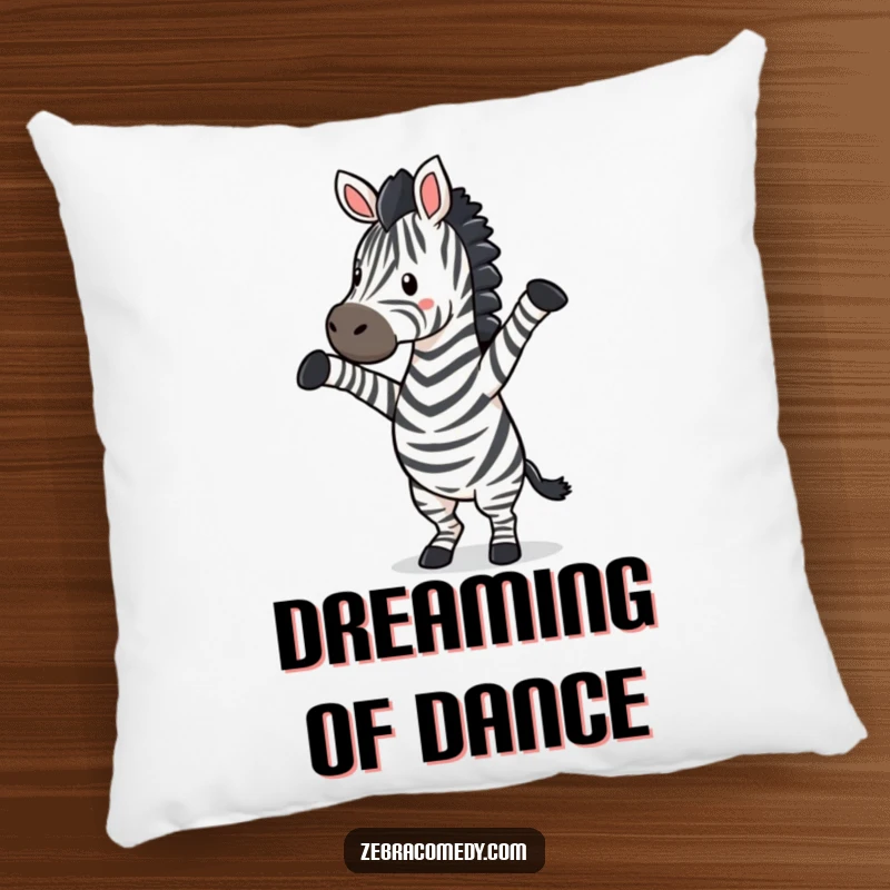 Funny zebra doing a silly dance with legs up in the air, a soft and decorative pillow bringing cheer.