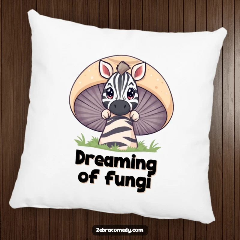 Funny zebra peeking with wide eyes over a giant striped mushroom, a soft and decorative pillow for a touch of wonder.
