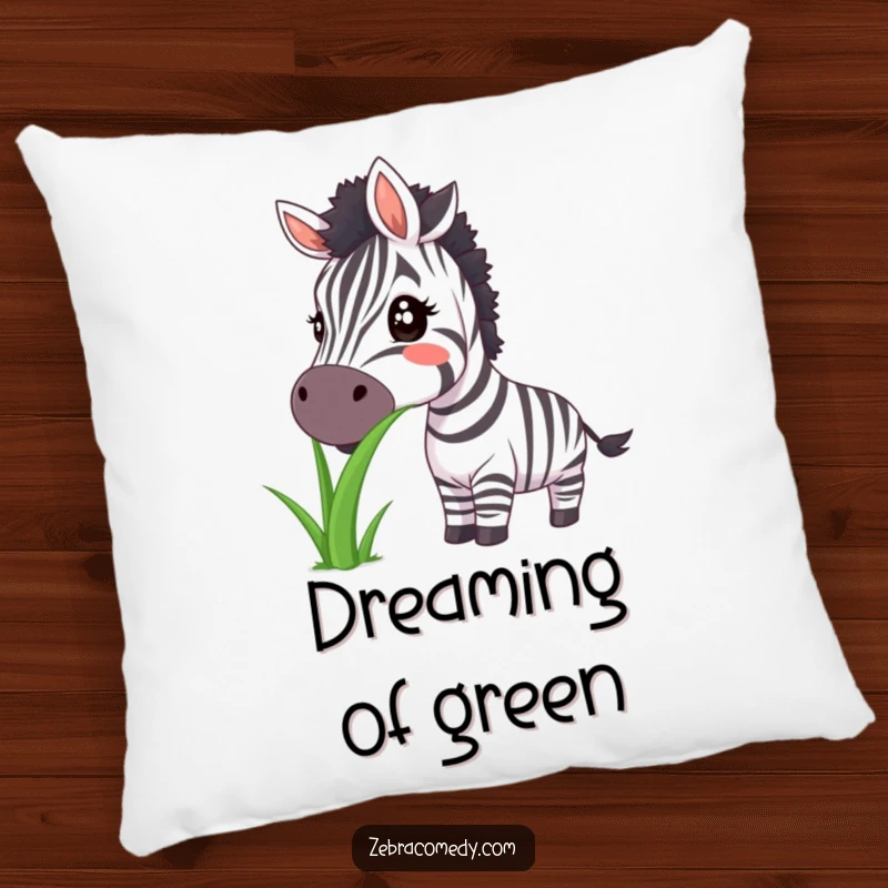 Funny zebra pillow with a big smile and grass, offering plush comfort and cheerful appeal.