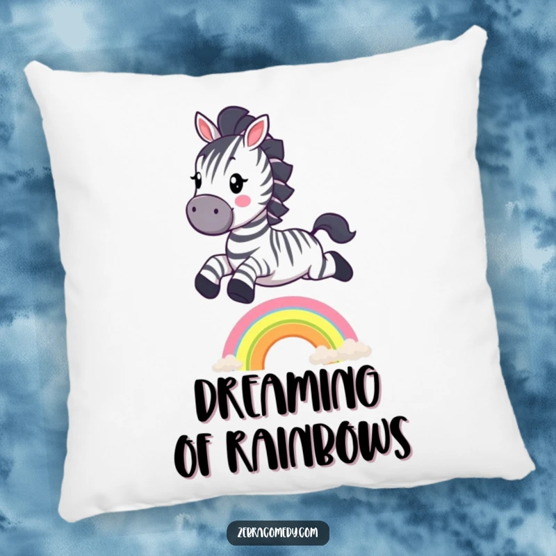 Funny Zebra Pillow: Soft cushion showcasing a cheerful zebra mid-jump over a small rainbow, adding whimsical comfort.
