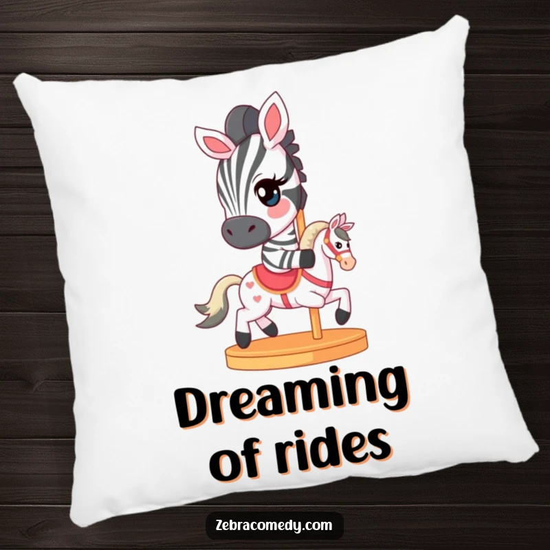 Funny Pillow showing a zebra character with a mischievous wink, riding a tiny carousel horse, offering whimsical comfort and humor.