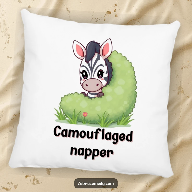 Funny peeking zebra pillow depicting a playful zebra peeking from behind a bush, perfect for adding humorous comfort and intrigue.