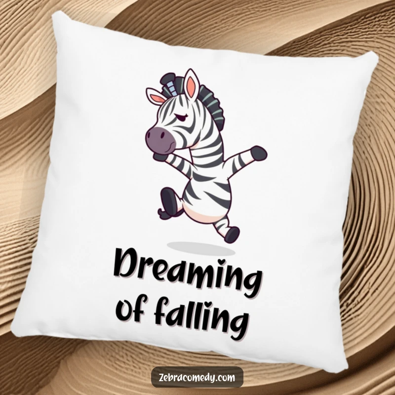 Funny zebra character caught mid-air in surprise after tripping, depicted on a comfortable pillow.