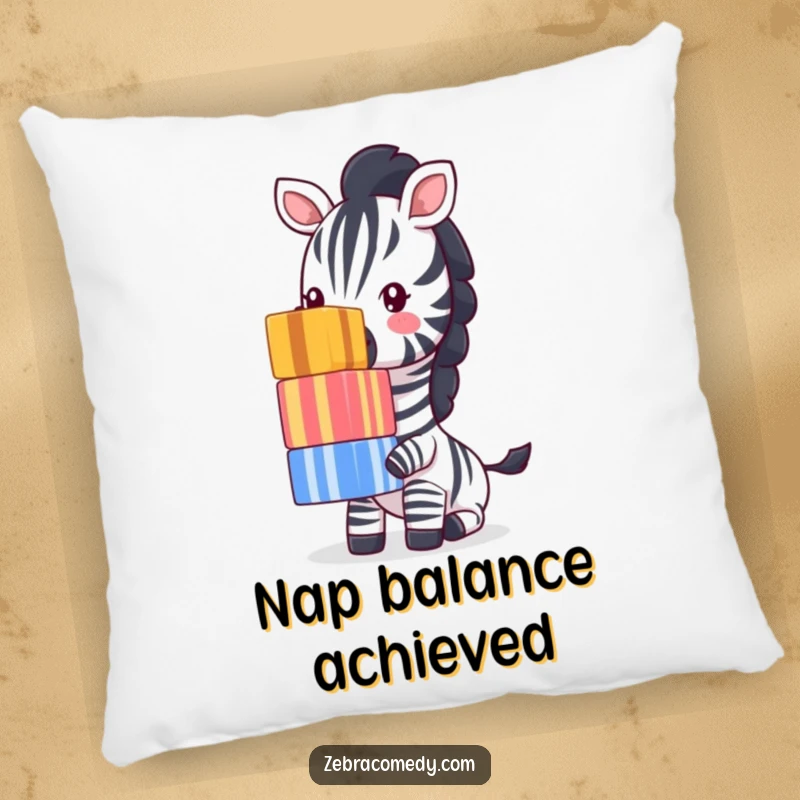 Funny Zebra Pillow: A delightful zebra artistically balances a tall stack of colorful striped cubes on its nose, offering comfort and a good laugh.