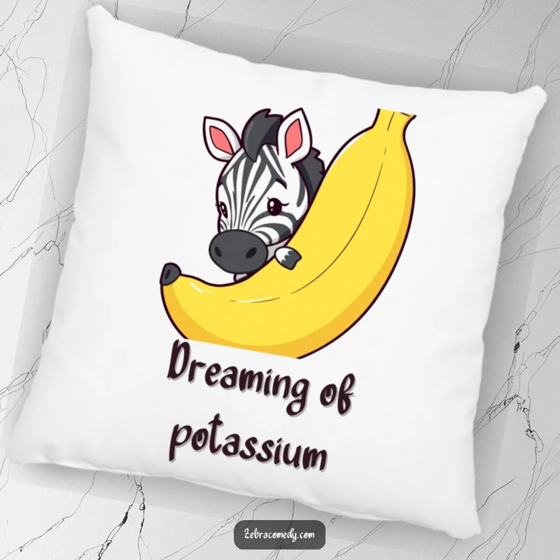 Funny pillow featuring a cute zebra peeking with curiosity around a ridiculously large banana, adding cozy humor to any room.