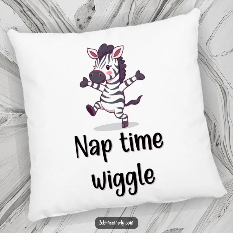 Funny zebra character performing a hilarious, chaotic dance, printed on a soft pillow for cozy, humorous decor.
