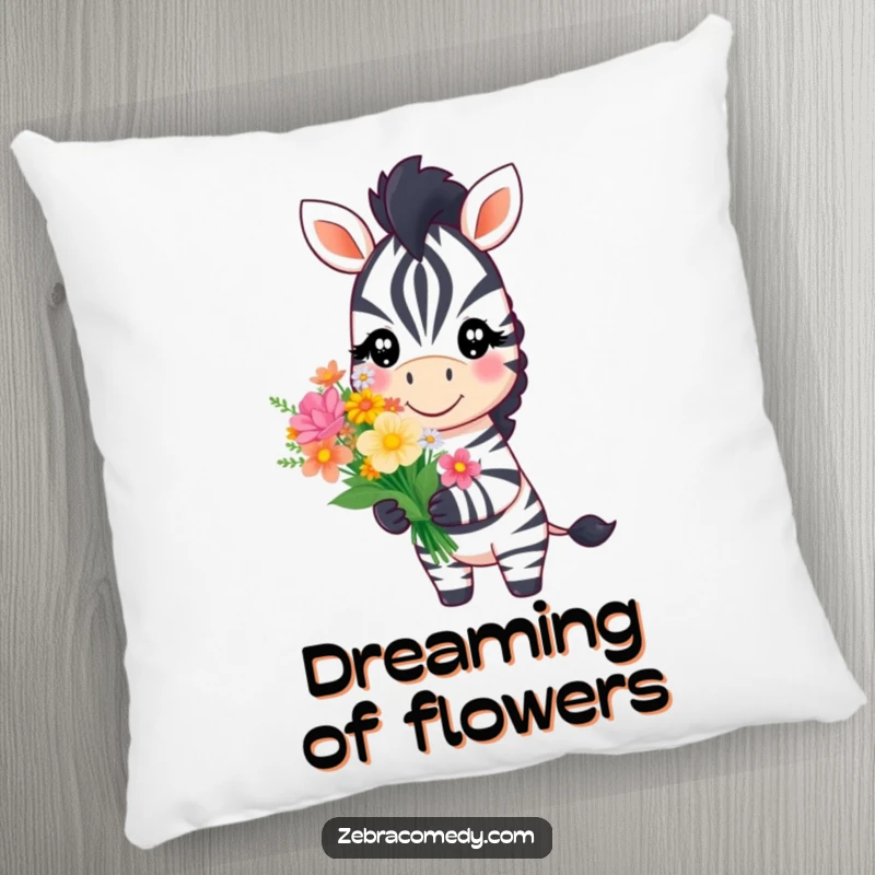 Funny zebra character with a sweet smile offering a bouquet of flowers, printed on a soft pillow for cozy comfort.