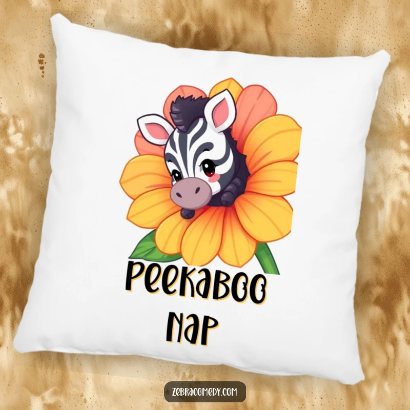 Funny pillow featuring a curious zebra character peeking from behind a flower, offering cozy comfort and a dose of humorous delight.
