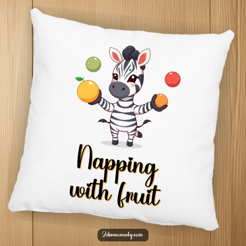 Funny zebra pillow showcasing a zebra playfully juggling colorful fruit with excitement, blending soft comfort with vibrant, fun energy.