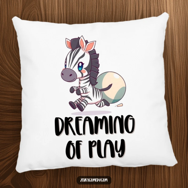 Funny Pillow showing a zebra character with twinkling eyes, enthusiastically chasing a large, bouncing ball, offering humorous comfort.