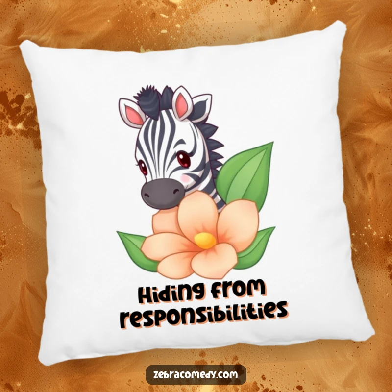 Funny zebra peeking from behind a large floral design on a comfortable pillow, offering cute and humorous vibes.
