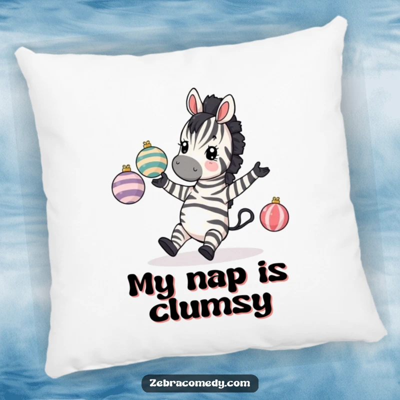 Funny Zebra Pillow: A zebra comically tripping while juggling baubles, a soft and humorous decorative cushion.