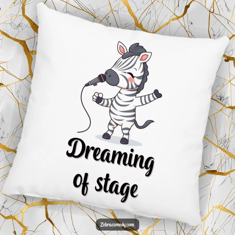 Funny Zebra Pillow showing a zebra with striped socks jiving with a microphone, combining comfort and humor.